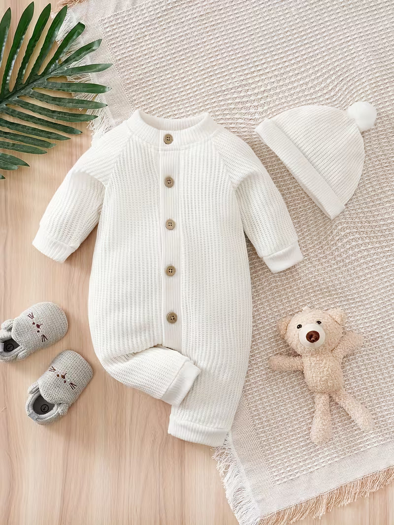 Two-Piece Winter Sweater White Knitted Onesie Including Hat